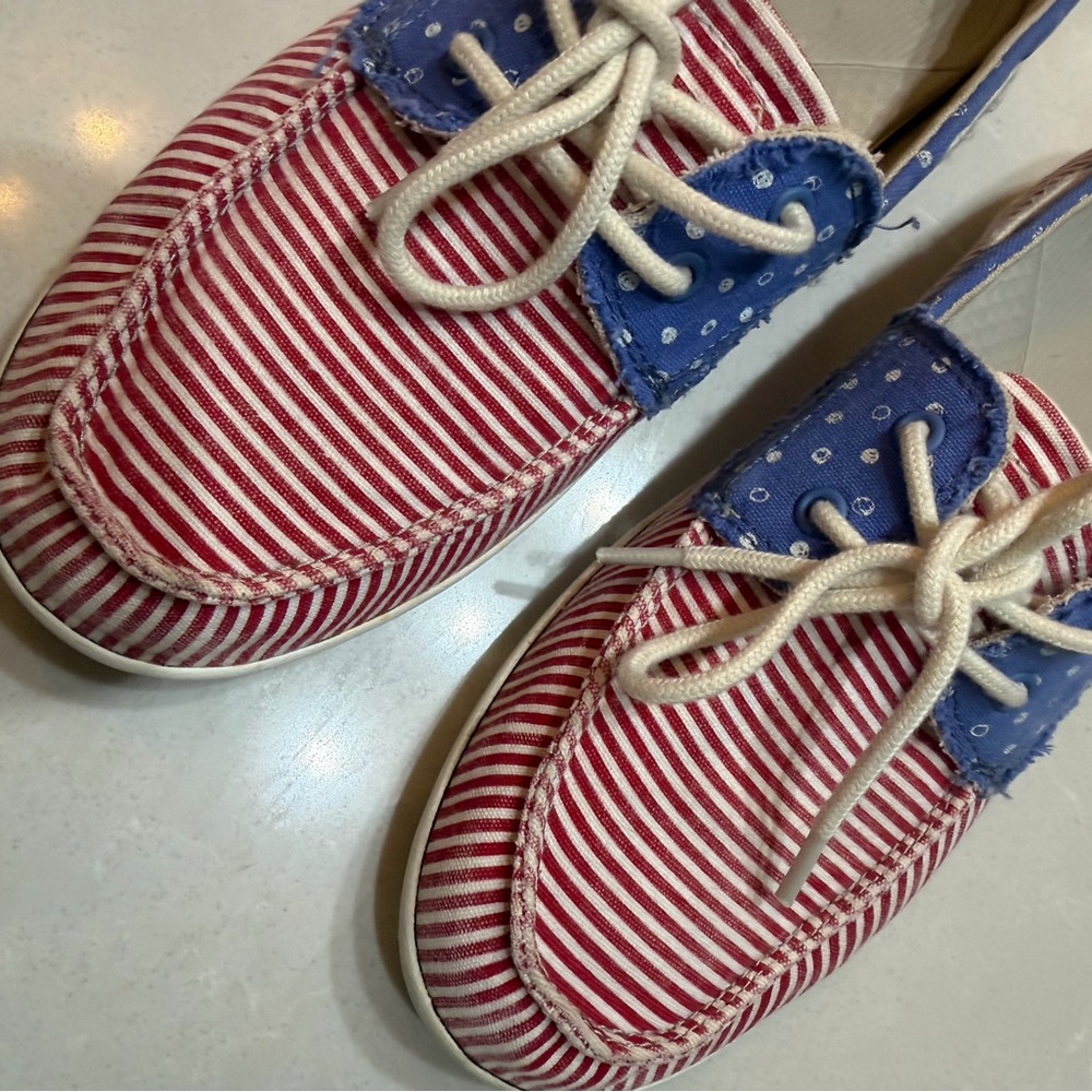 Sanuk Boat Shoes Canvas Striped Polka Dot Red Blue White, 8.5 - Picture 3 of 8